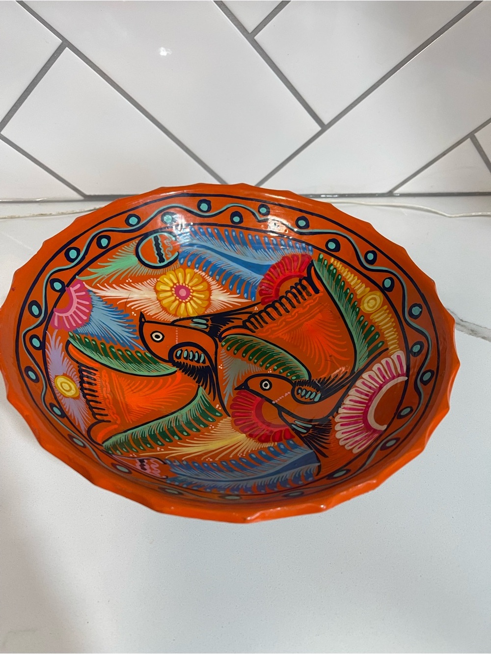 Hand-Painted Orange Ceramic Decorative Bowl with Bird Motif